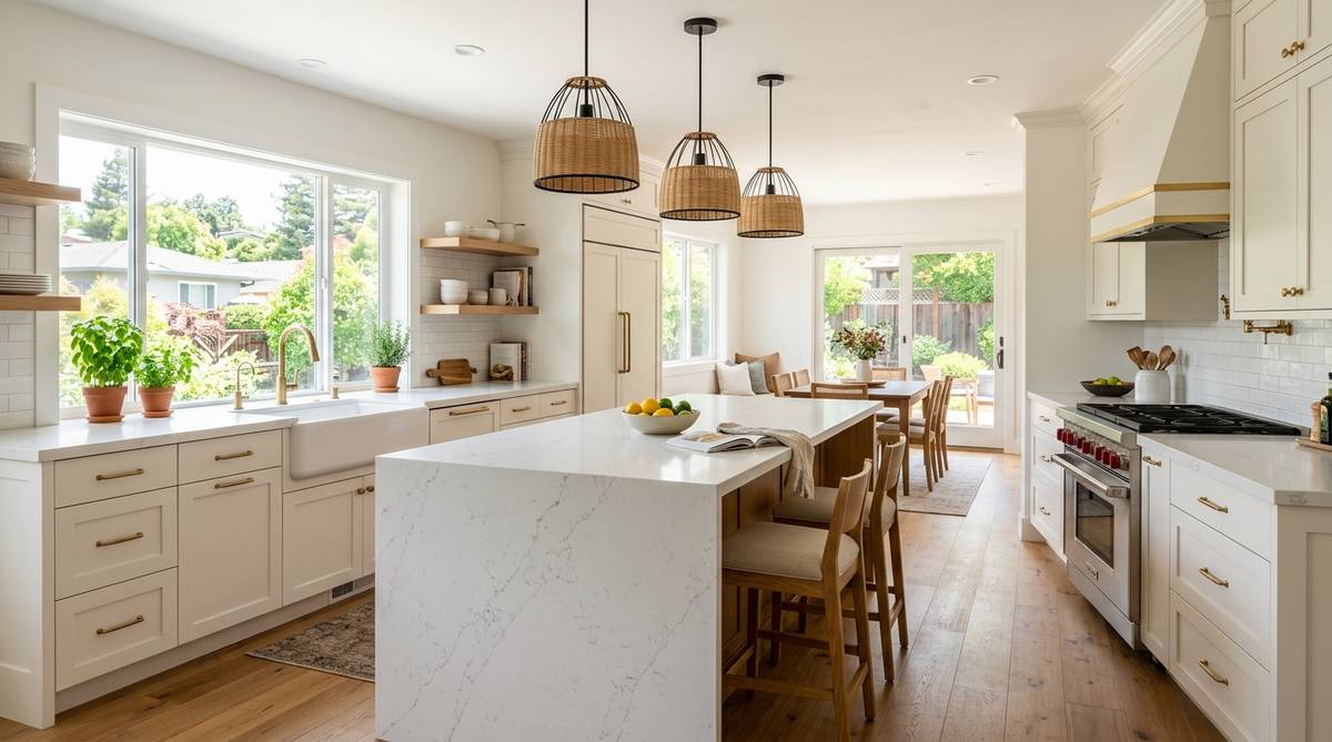 Whole home renovation kitchen section with custom cabinetry and quartz island in a California home