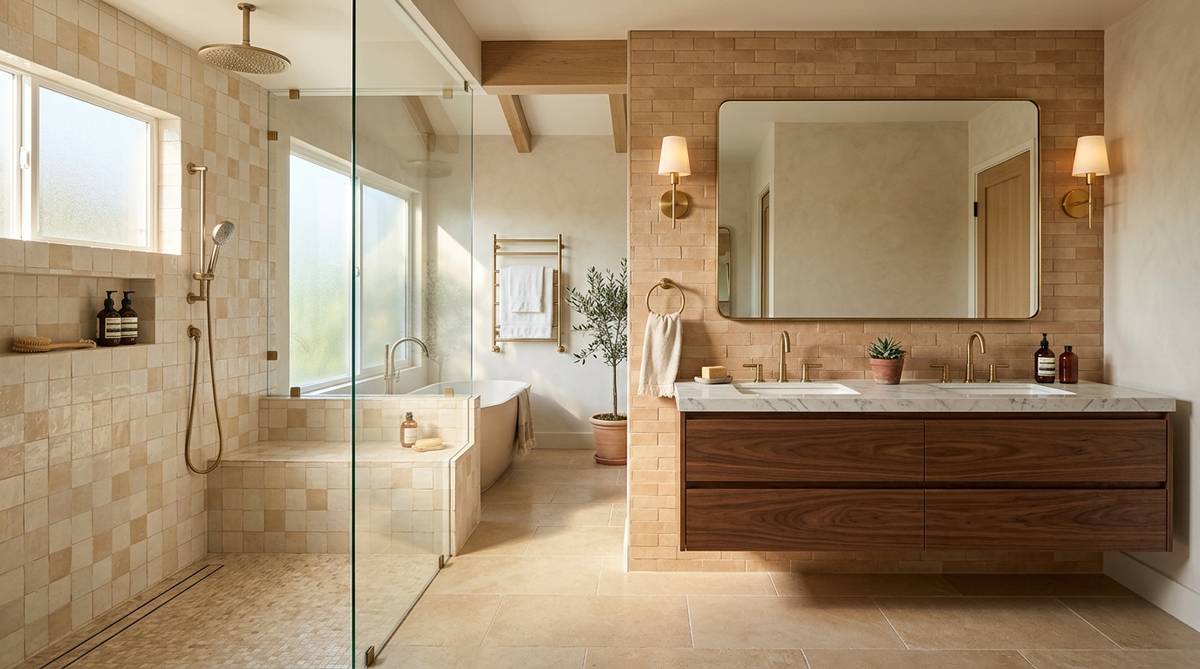 Whole home renovation primary bathroom with spa shower and warm tile finishes in a Bay Area home