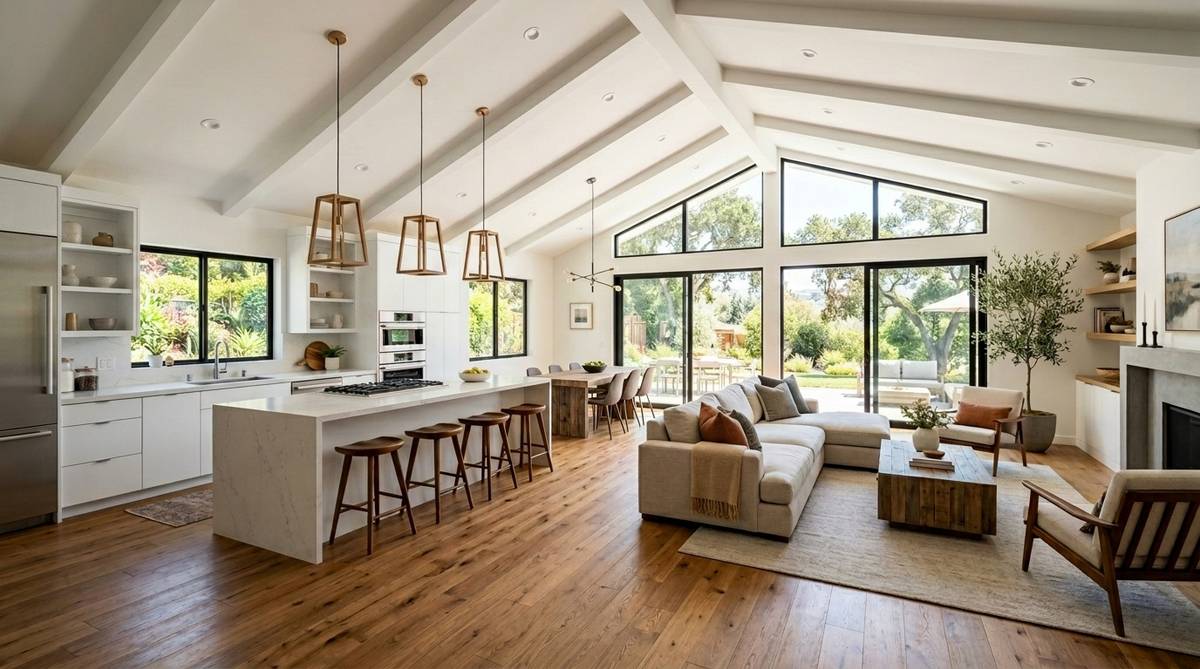 Open-concept Bay Area whole-home renovation spanning kitchen dining and living spaces with coordinated finishes