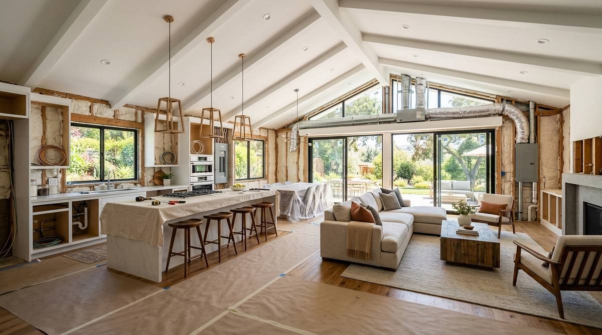 Whole home renovation systems upgrade with opened walls electrical panel HVAC ducting plumbing lines and insulation details