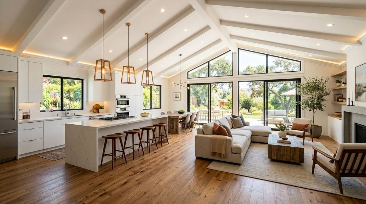 Premium whole-home renovation materials in a Bay Area interior with wide plank flooring custom trim and warm lighting