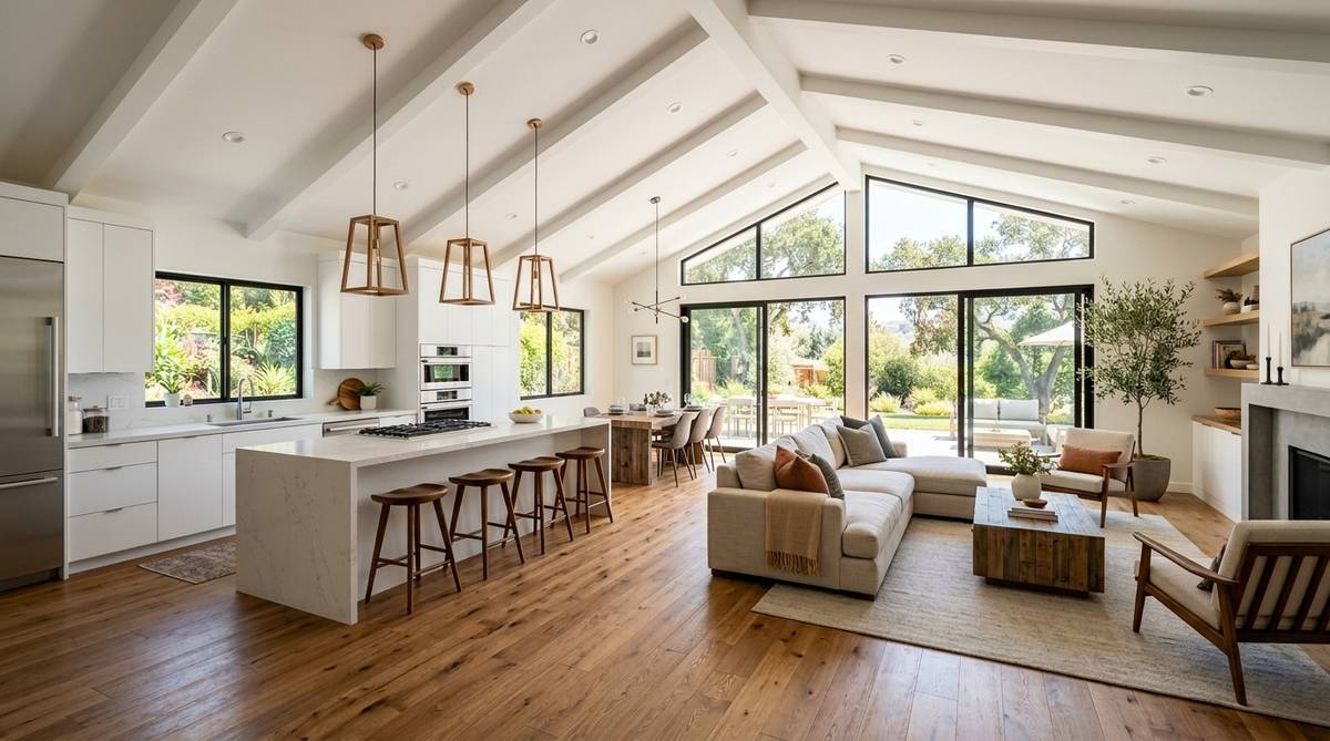 Finished Bay Area whole-home renovation with cohesive kitchen living and dining spaces staged for resale value