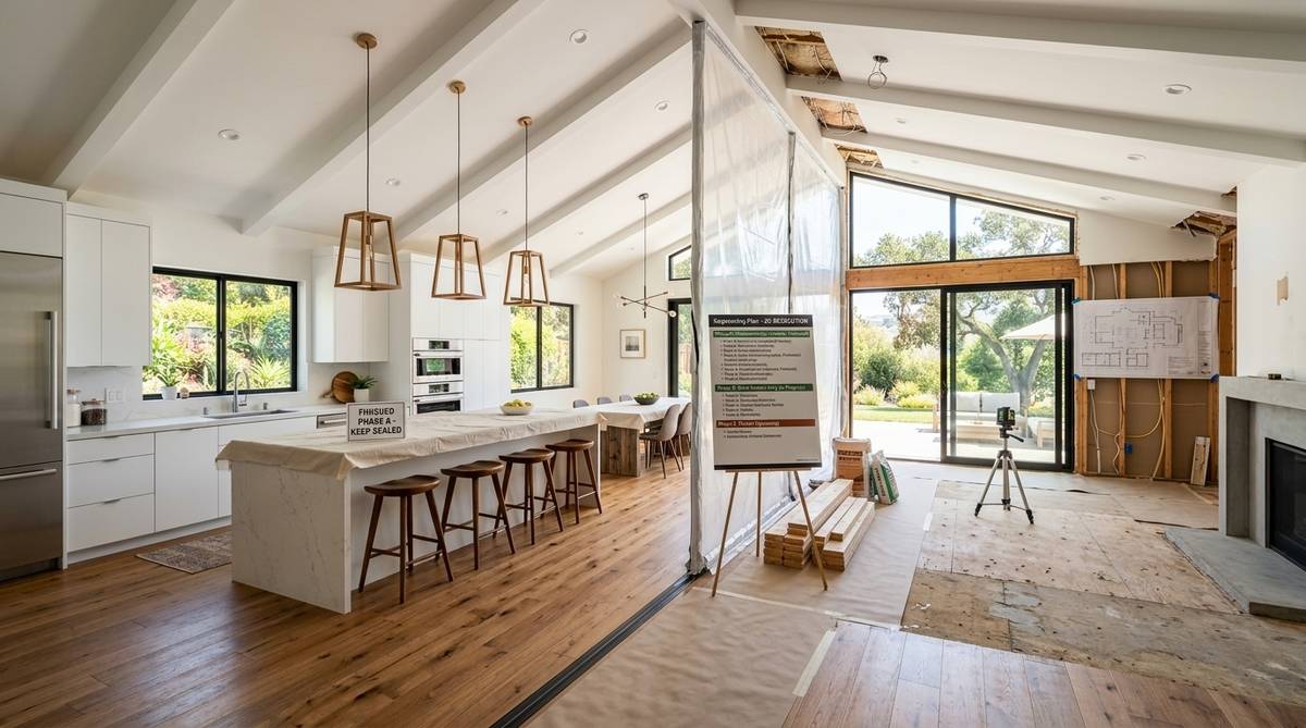 Whole-home renovation sequencing example with one Bay Area room finished while another remains in controlled construction