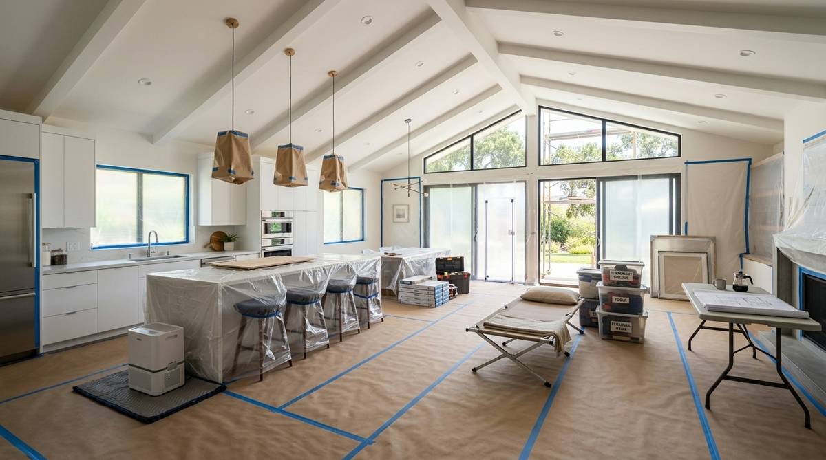 Bay Area home during whole-home renovation with protective floor covering sealed doorways and temporary living setup