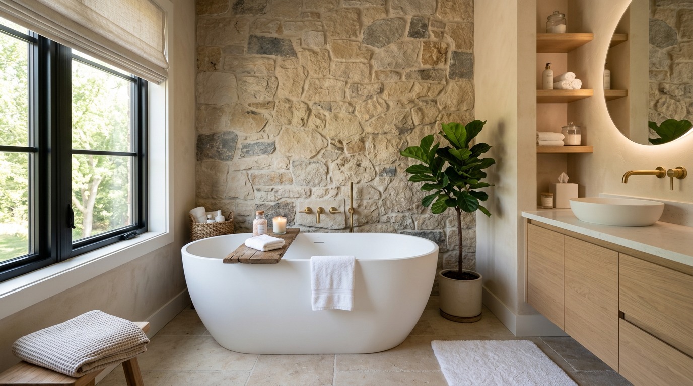 spa bathroom design ideas with freestanding soaking tub