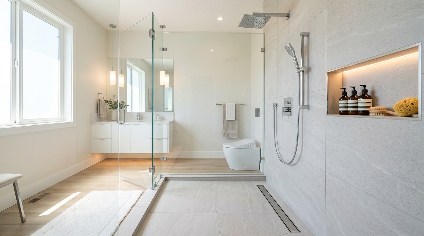 walk in shower ideas with curbless layout in San Jose bathroom