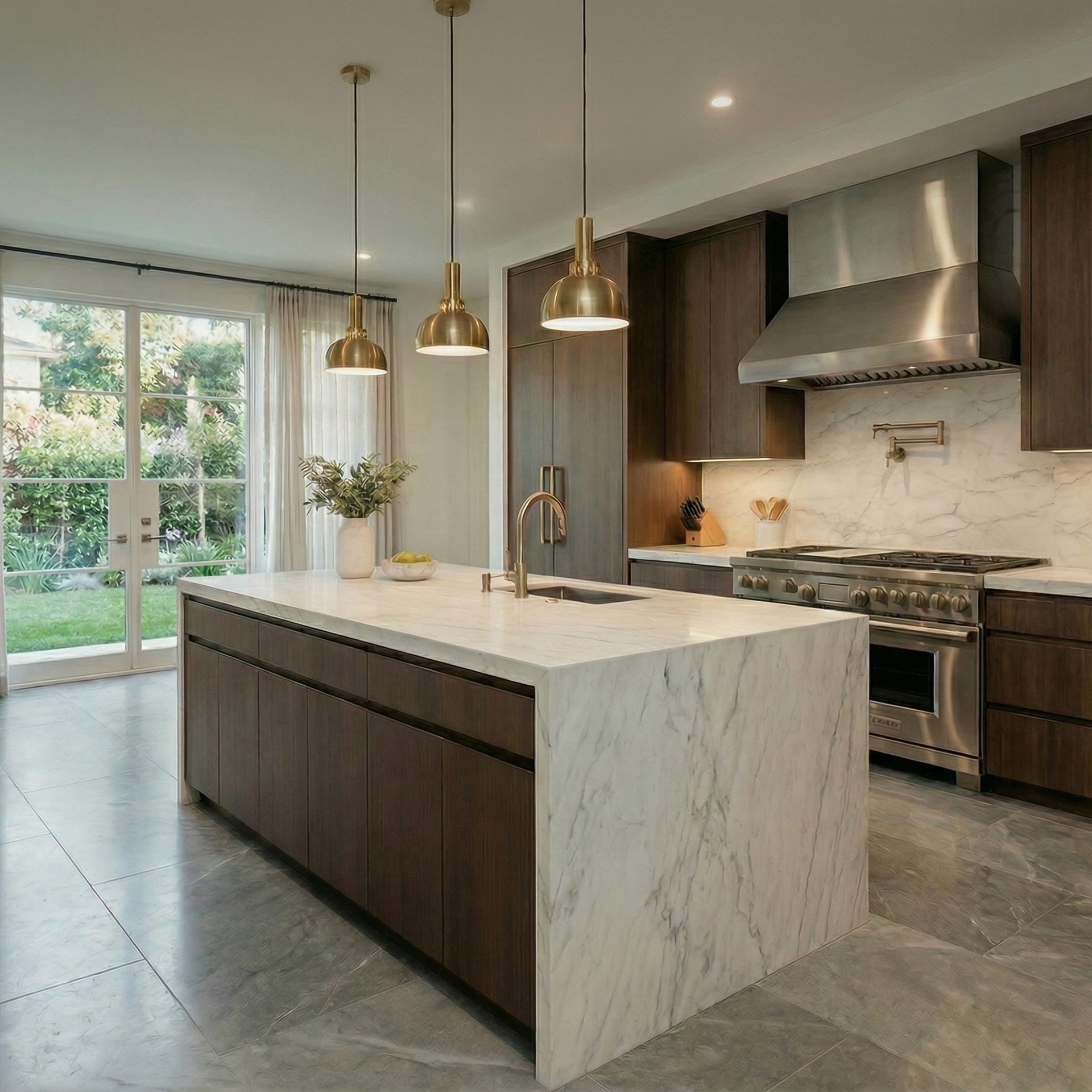 Luxury modern kitchen with dark wood cabinetry and marble waterfall island