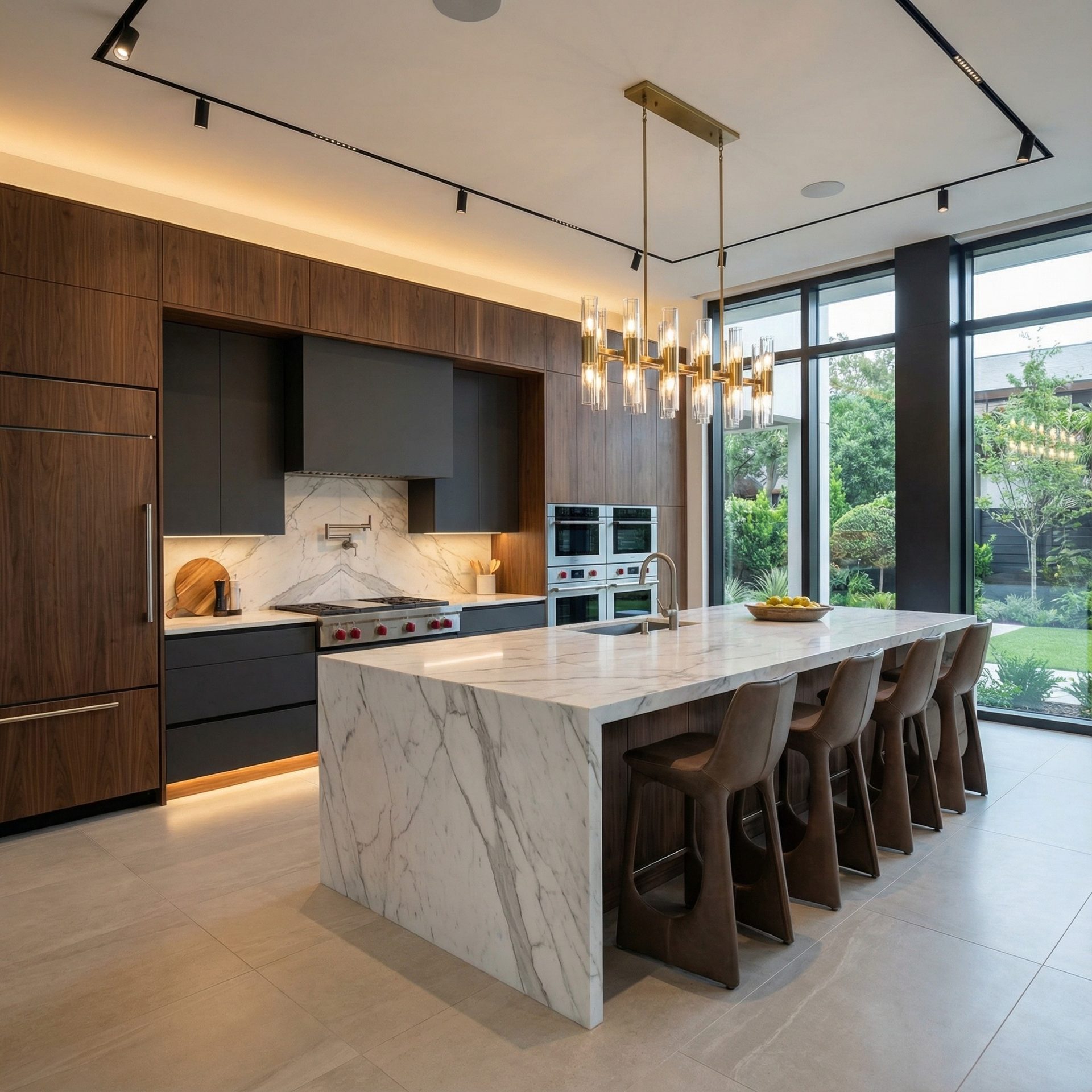 Modern luxury kitchen with walnut cabinetry and floor-to-ceiling windows