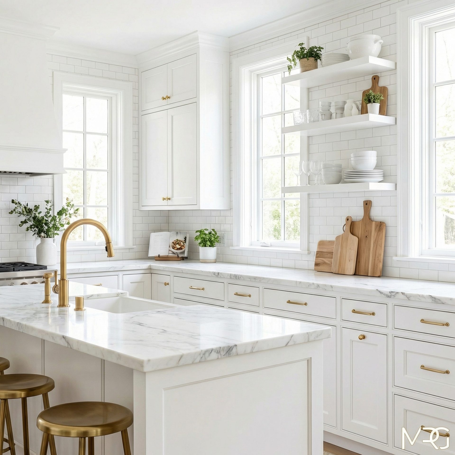 Bright transitional kitchen with white cabinetry and brass hardware