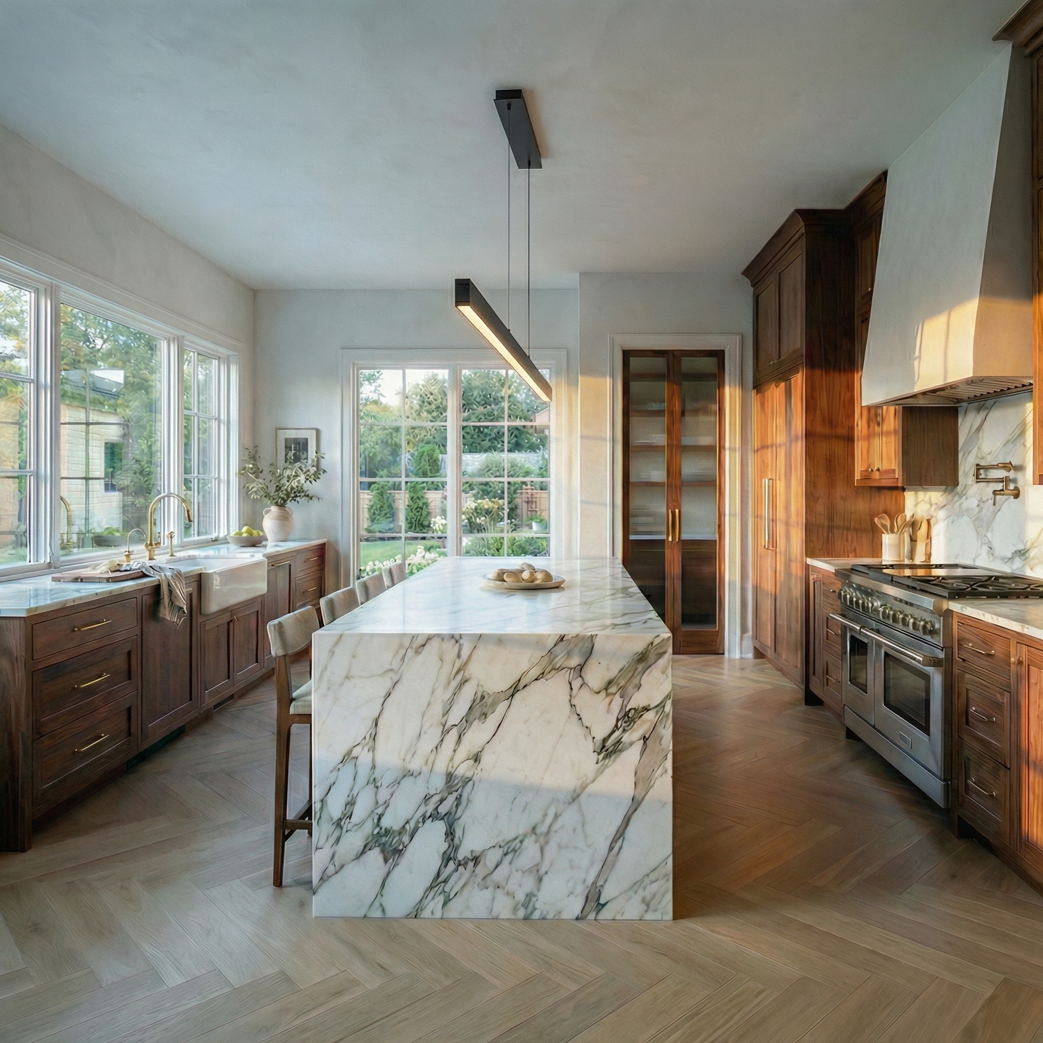 Transitional kitchen remodel with walnut cabinets and marble waterfall island