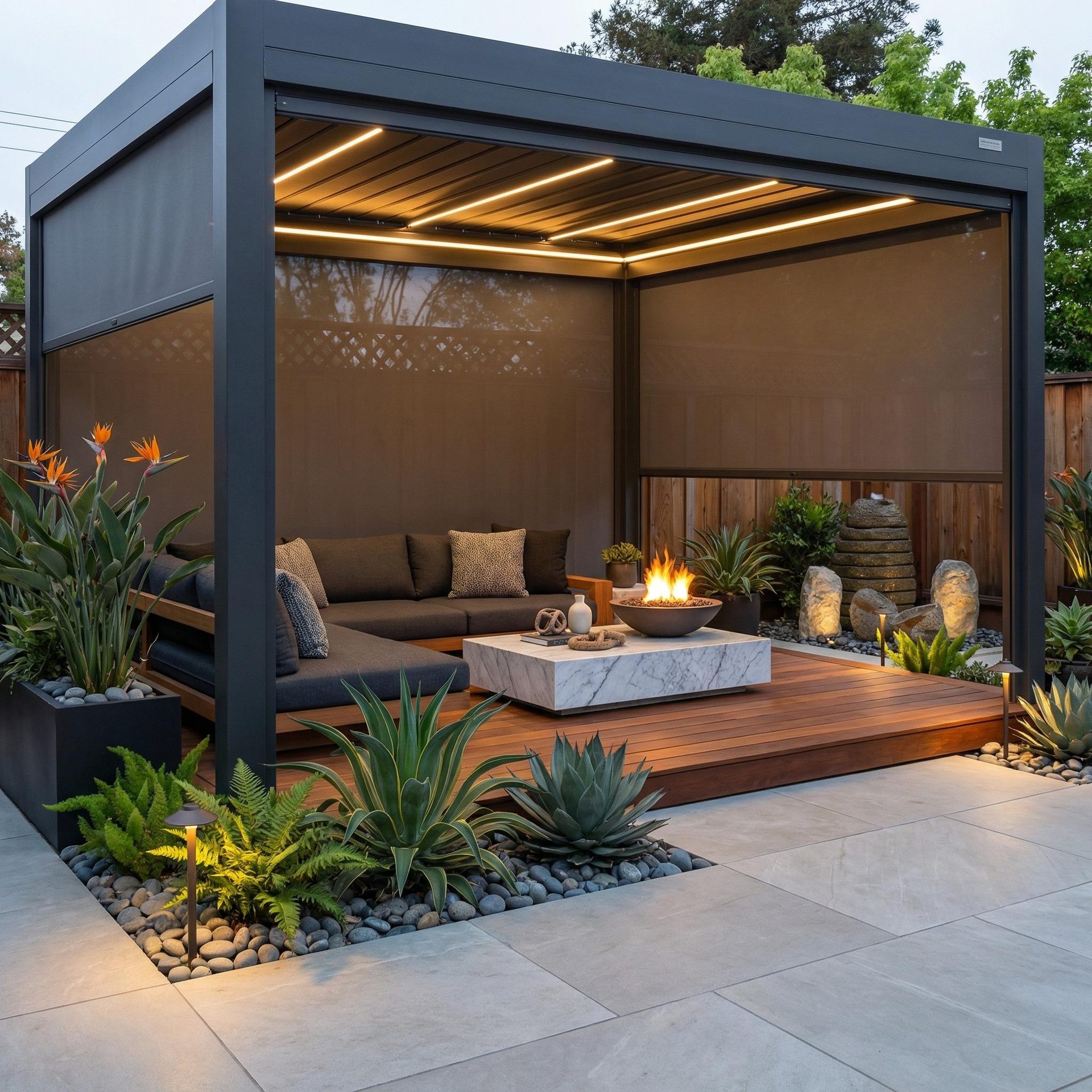 Modern outdoor living space with covered patio and fire pit