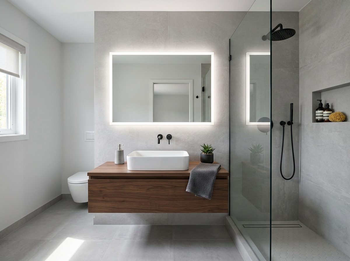 Condo bathroom remodel with floating vanity