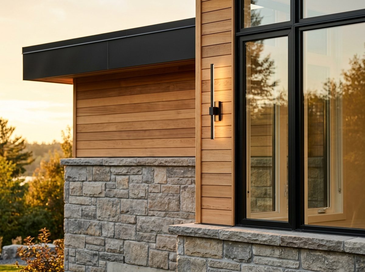 Exterior material detail — stone and wood