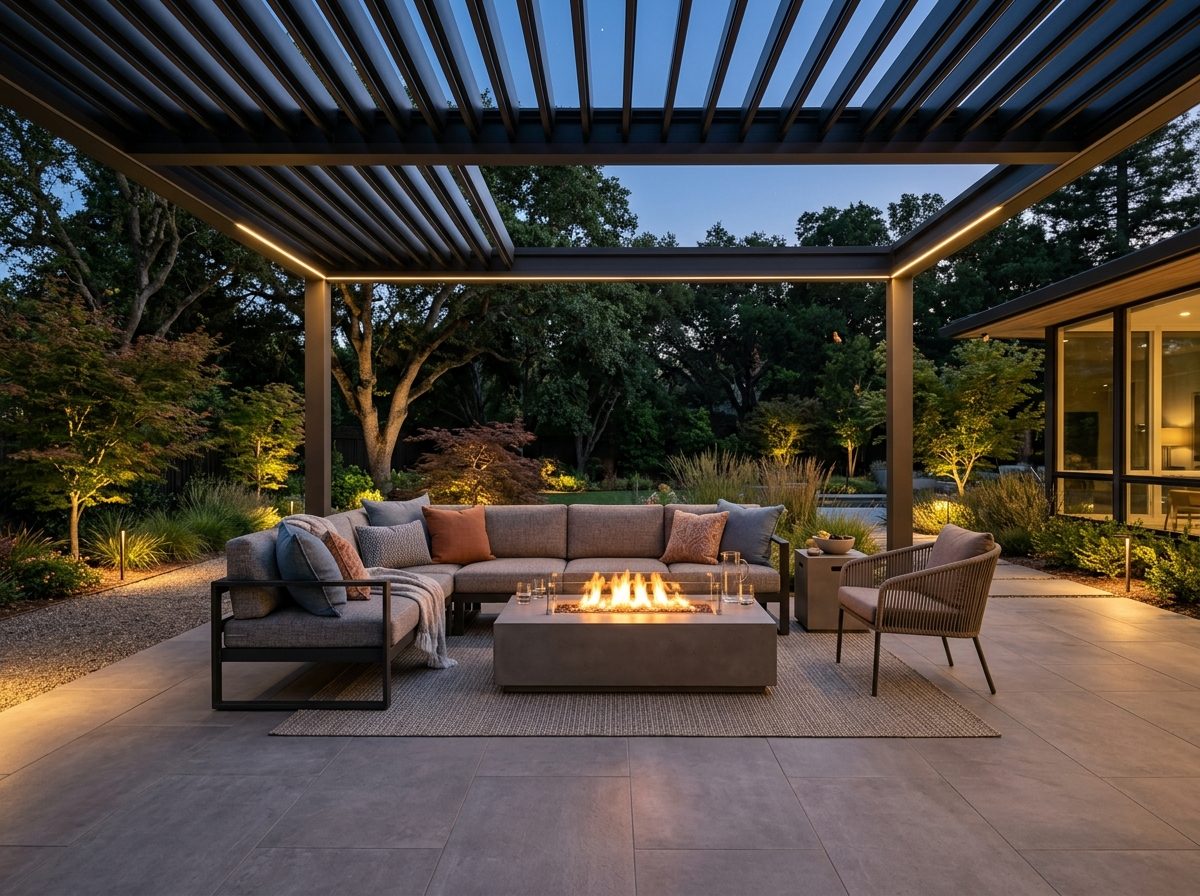 Modern covered patio with fire pit