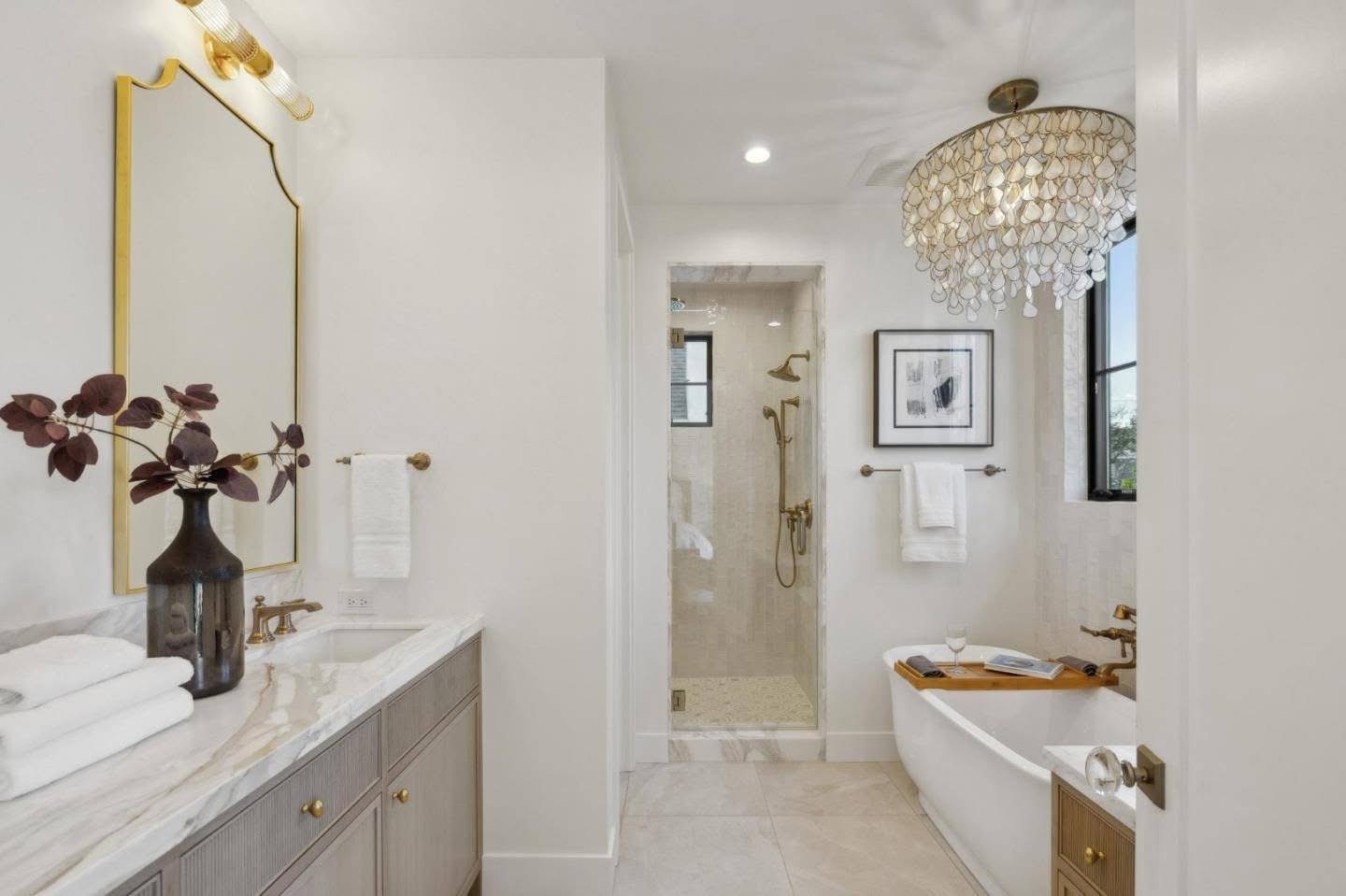 Elegant Spa Bathroom with Chandelier